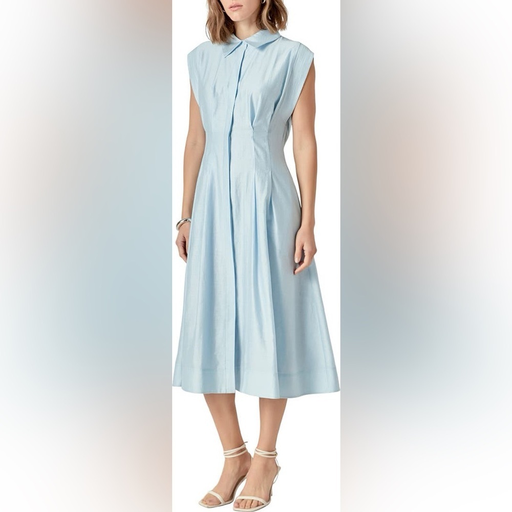 English Factory Blue Short Sleeve Pleated A-Line Midi Dress